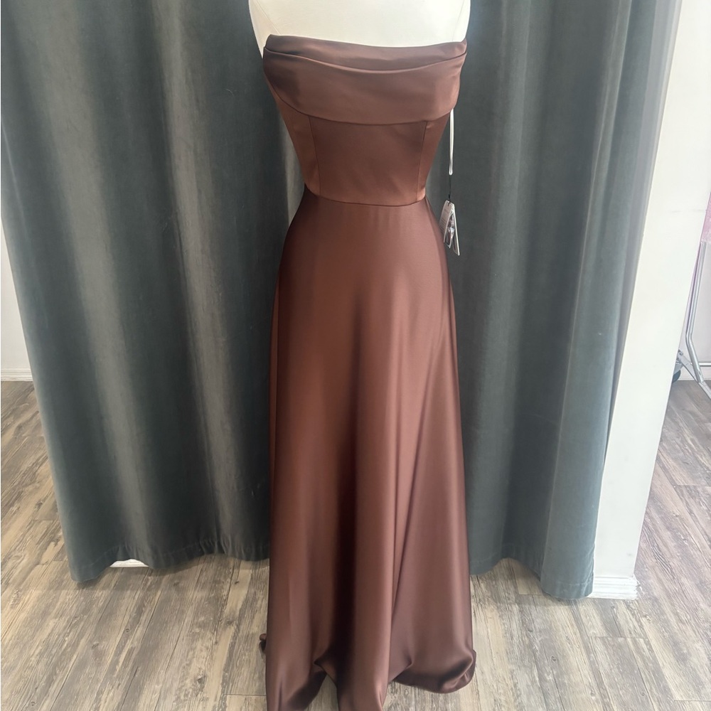 Jenny Yoo Strapless Satin Gown in Rich Brown